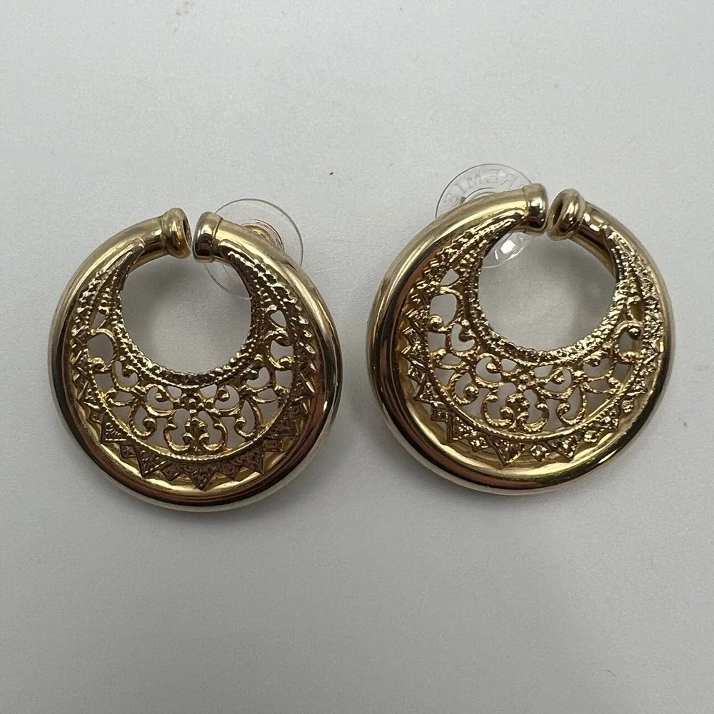 Vintage Pierced‎ Earrings Gold Tone Filigree Open Metalwork Large Statement